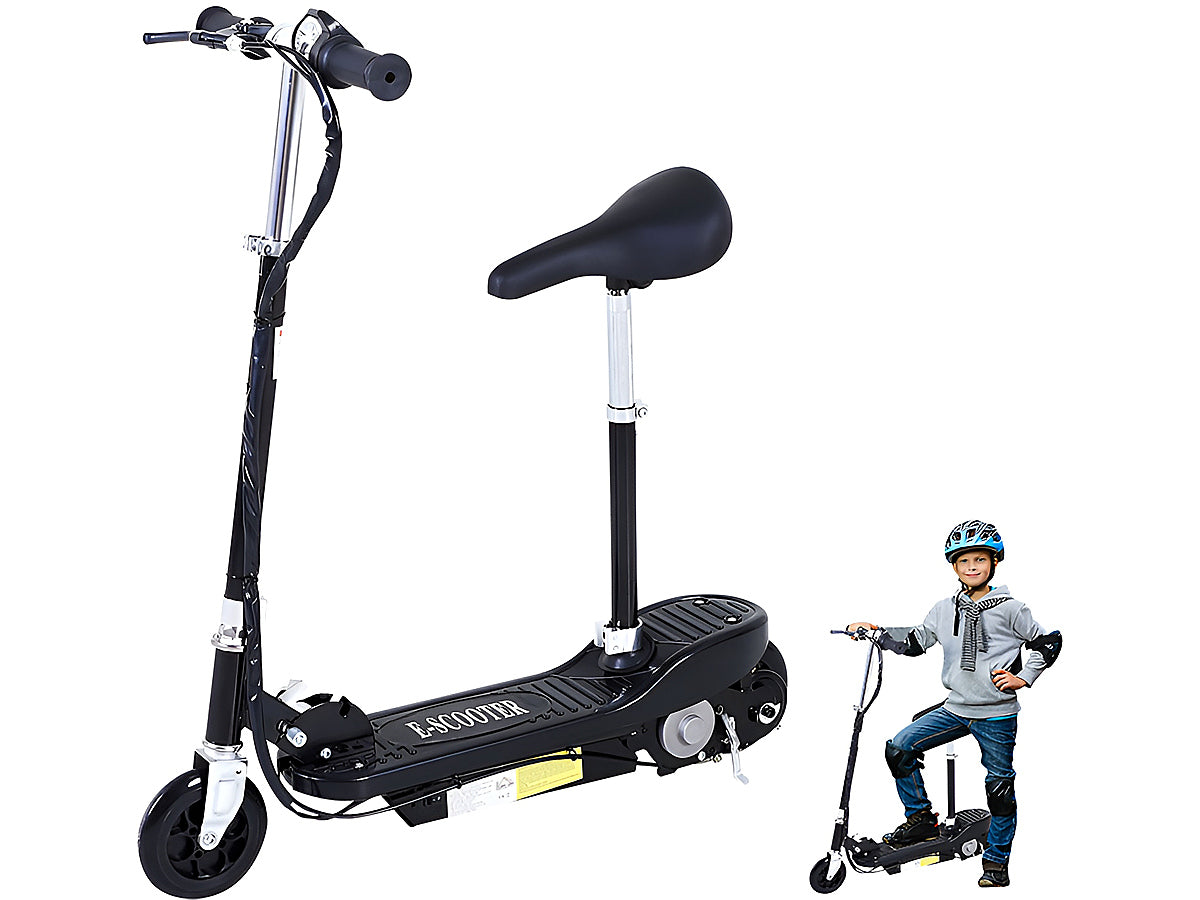 Black electric scooter with chair seat cushion detail