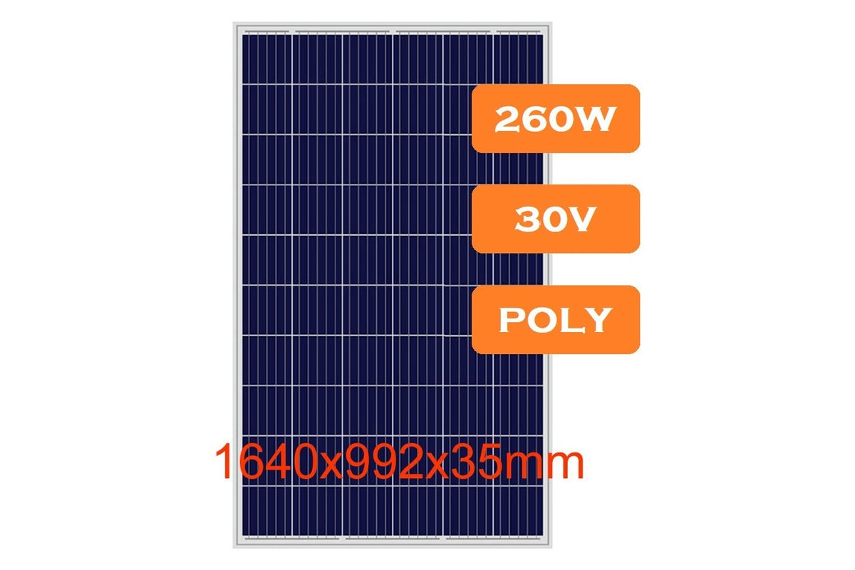 Side angle of 260W solar panel showing frame depth