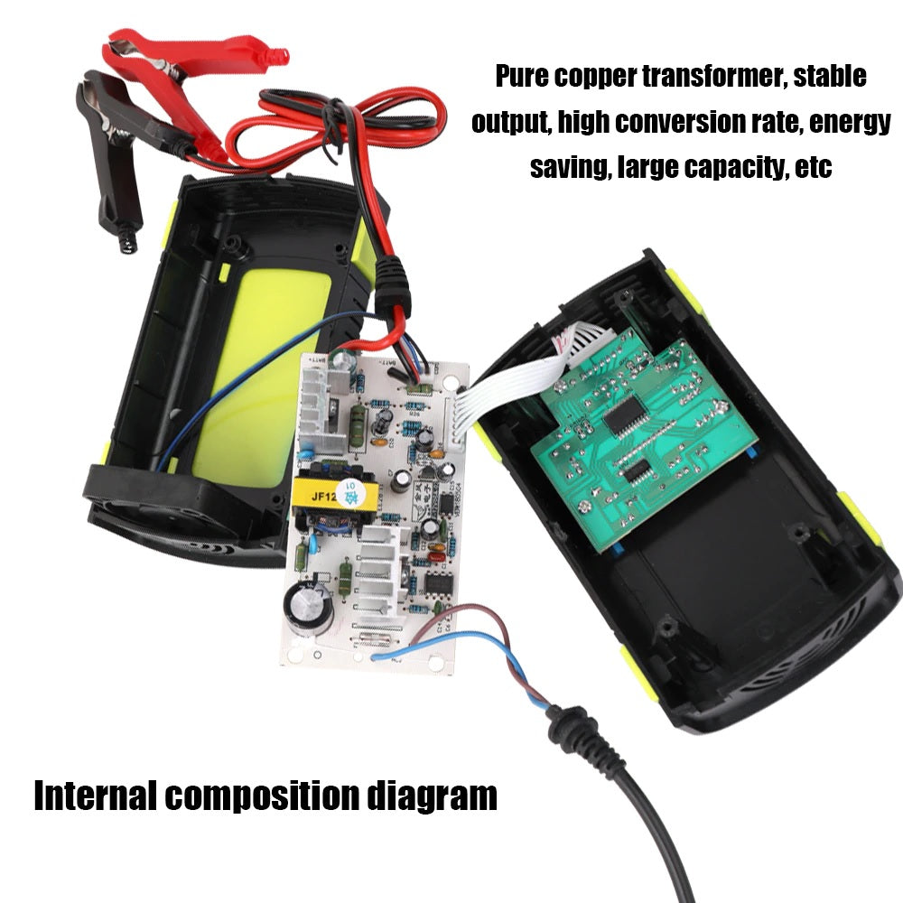 Car battery charger highlighting copper transformer inside