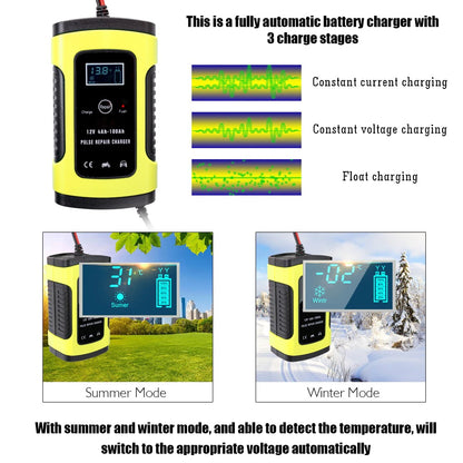 Car battery charger connected to a lead-acid battery