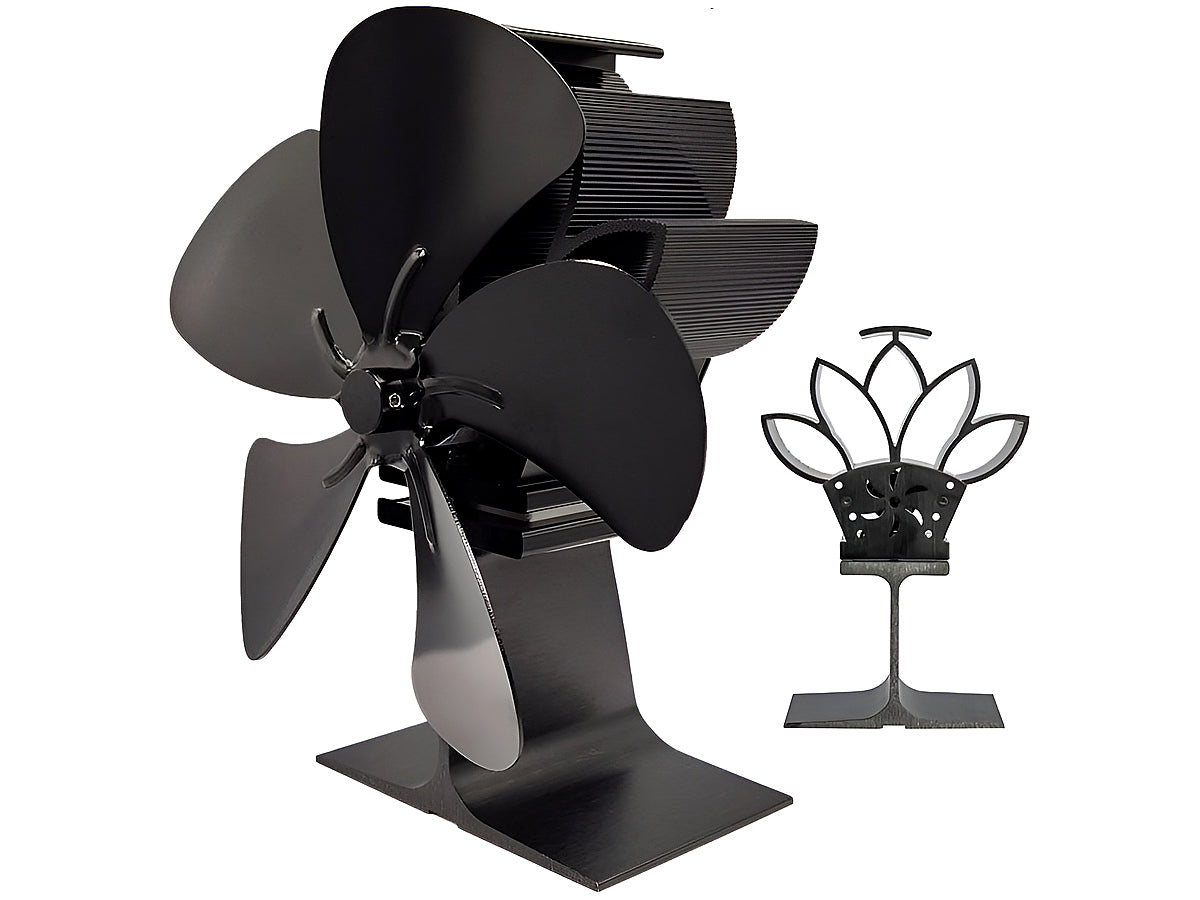 Side view of heat powered stove fan on wood stove surface