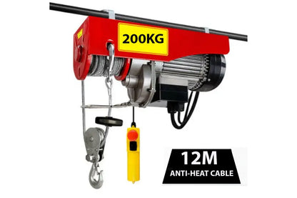Side view of electric hoist winch with copper motor casing