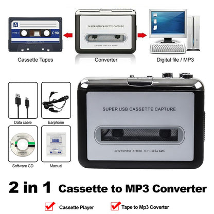 USB cassette player connected to laptop via USB cable