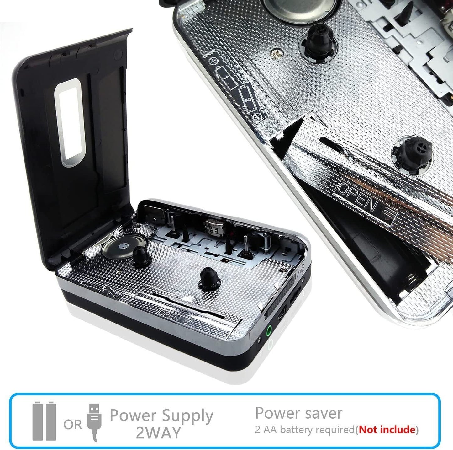 USB cassette player with battery compartment open