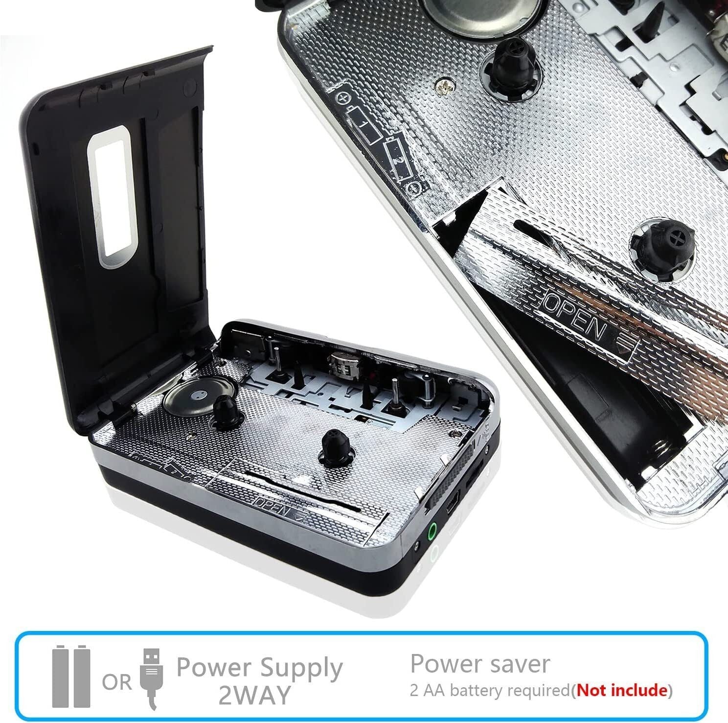 USB cassette player with battery compartment open