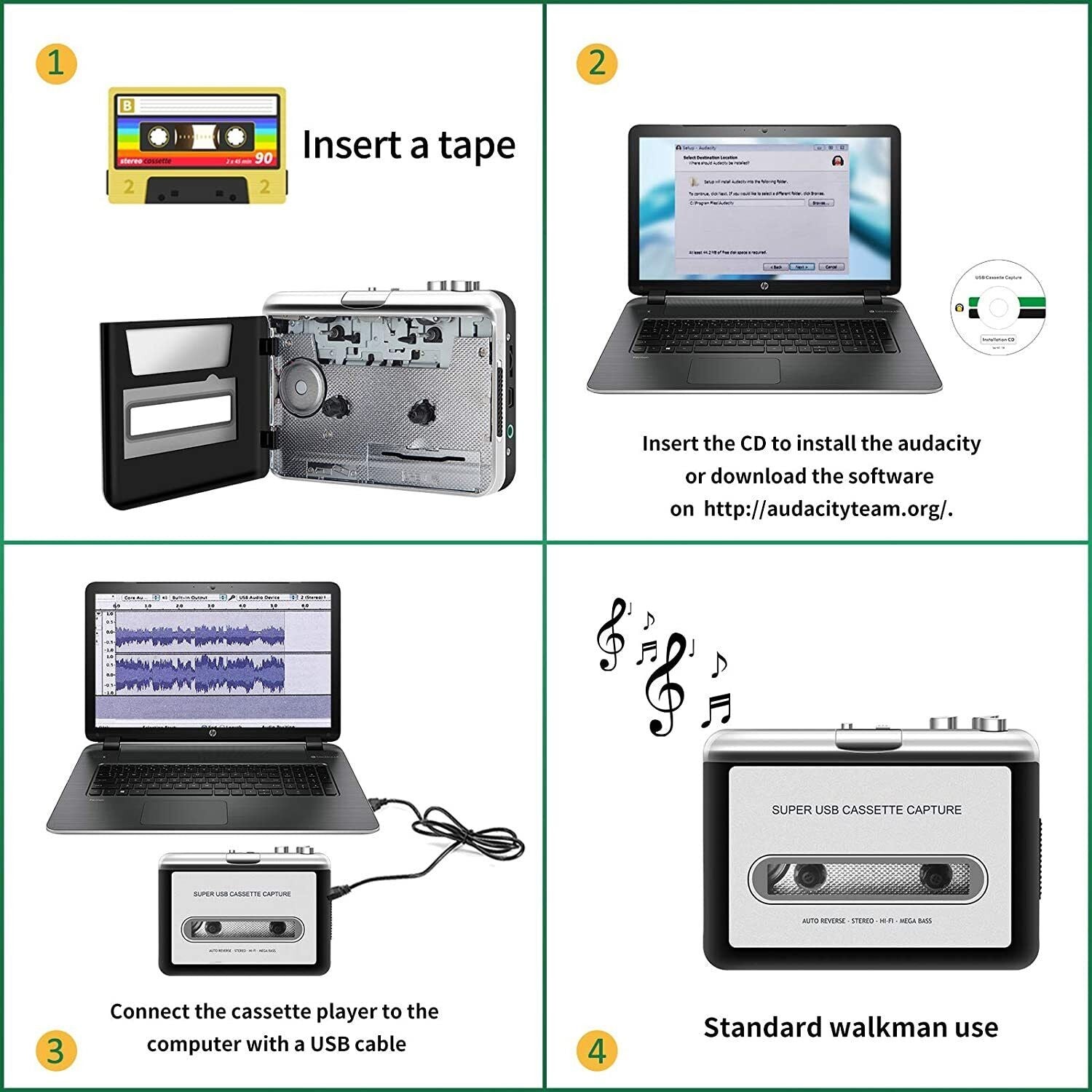 USB cassette player showing compact size in hand