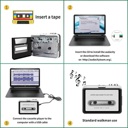 USB cassette player showing compact size in hand
