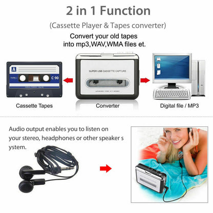 USB cassette player showing compact size in hand