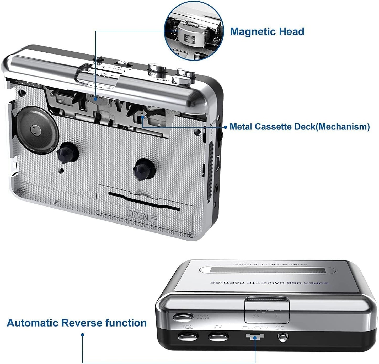 Portable USB cassette player with earphones attached