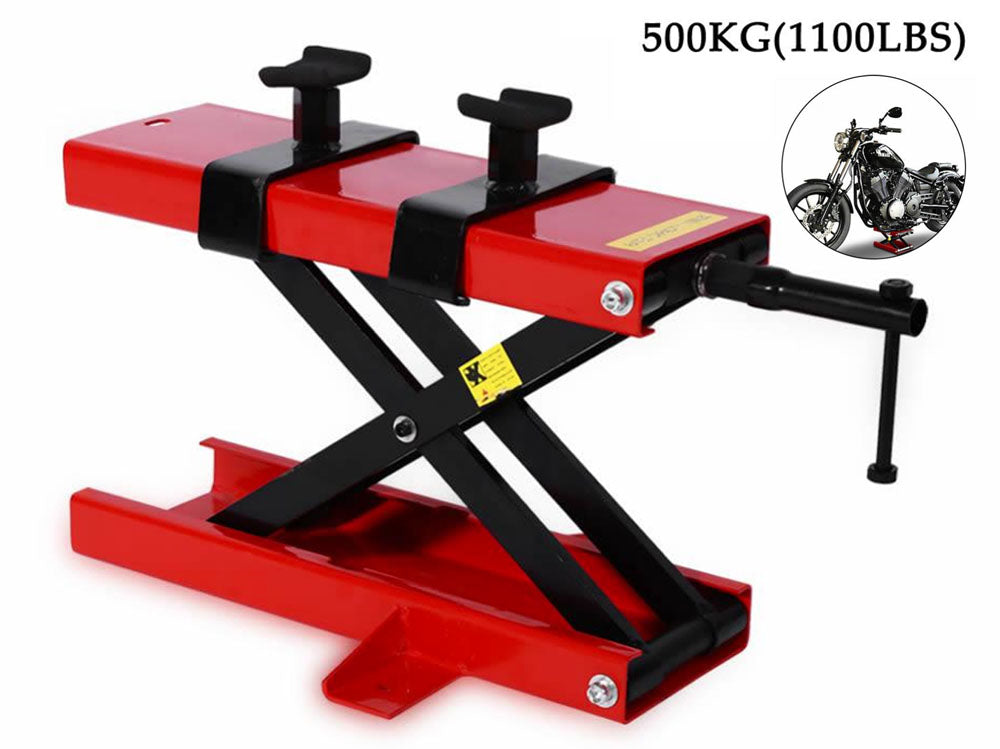 Motorcycle scissor lift stand used in a New Zealand workshop setting