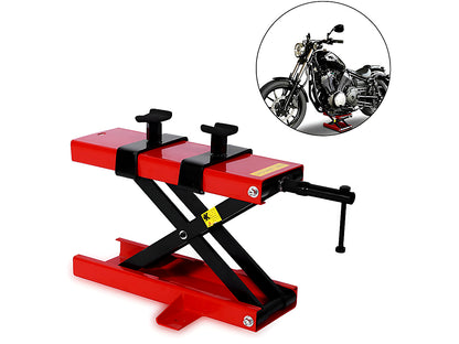 Red and black motorcycle scissor lift stand with removable crank handle