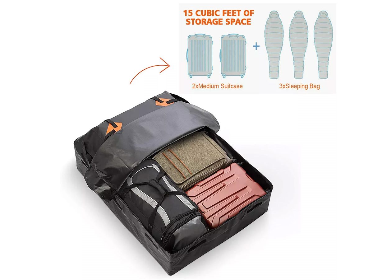 Top angle of car roof bag cargo bag with heavy-duty buckles