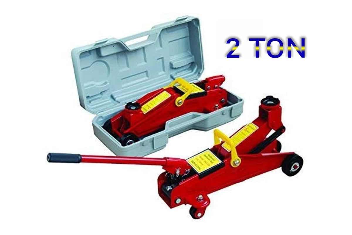 Close up of red steel trolley floor jack lifting pad