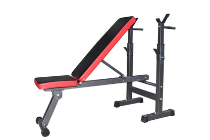Side view of adjustable weight bench with steel frame and wide base