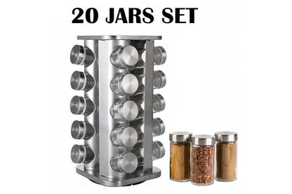 Top view of spice rack showing round glass jars and rotating carousel