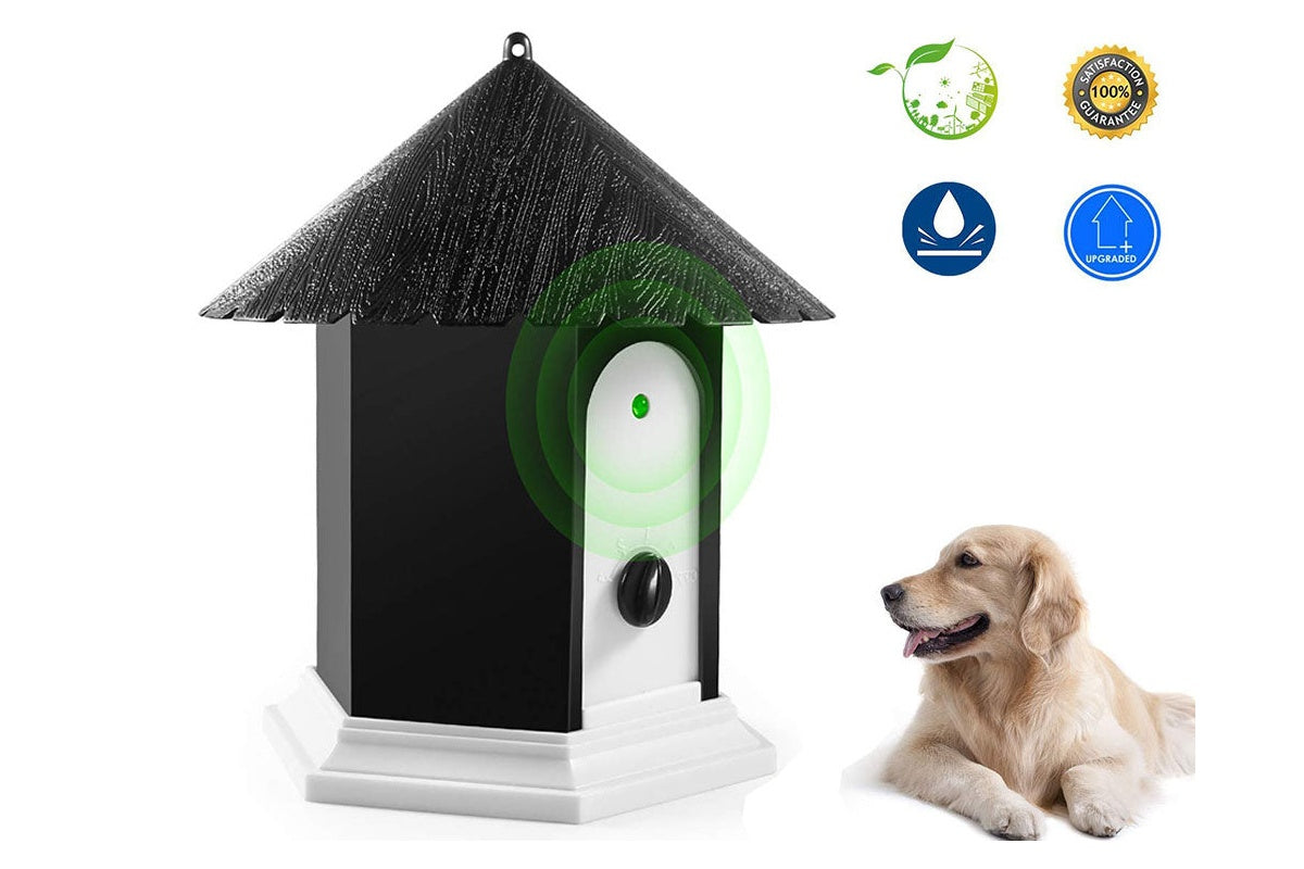 Outdoor dog bark control device showing weatherproof casing