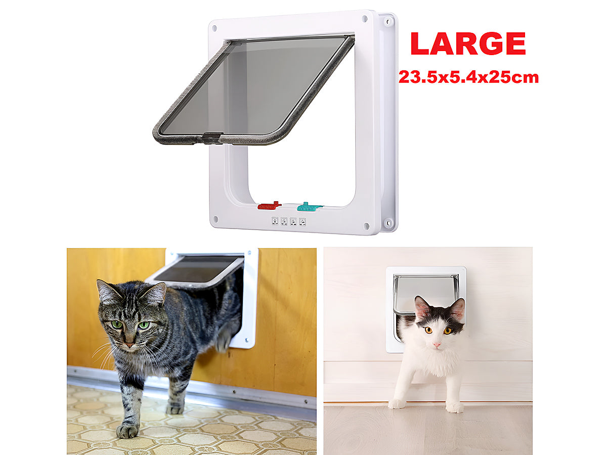 Side angle of lockable cat door in white plastic