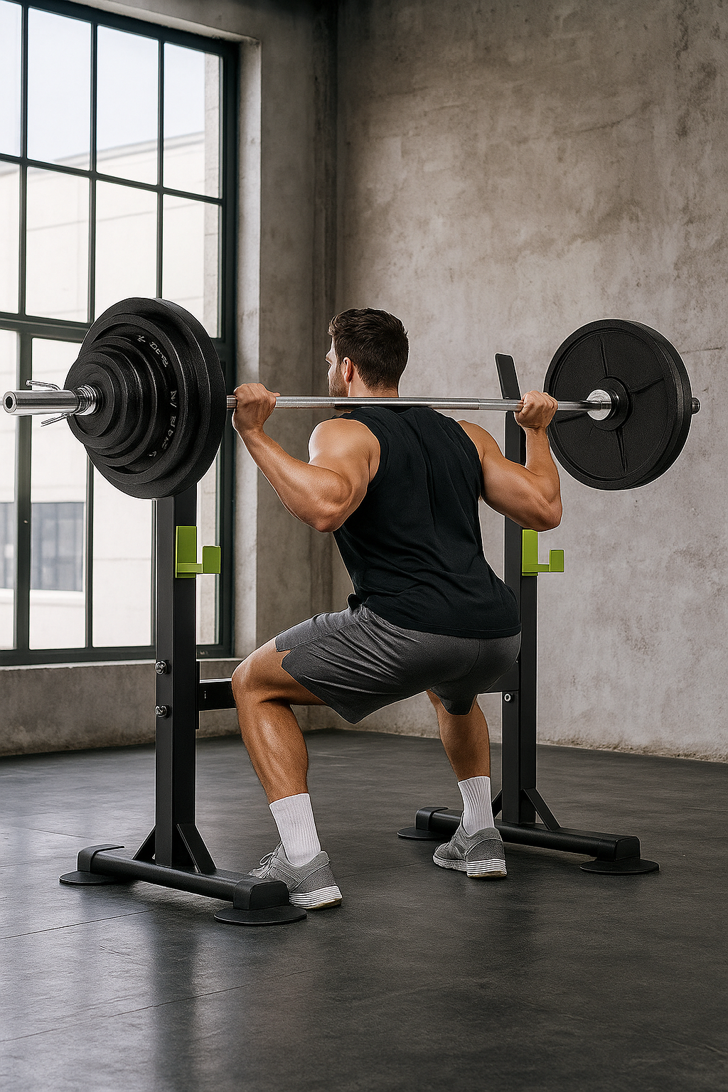 Green adjustable squat rack stand with safety lock system