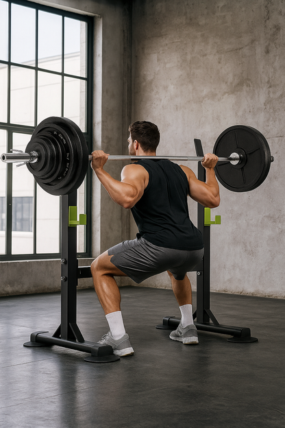 Green adjustable squat rack stand with safety lock system