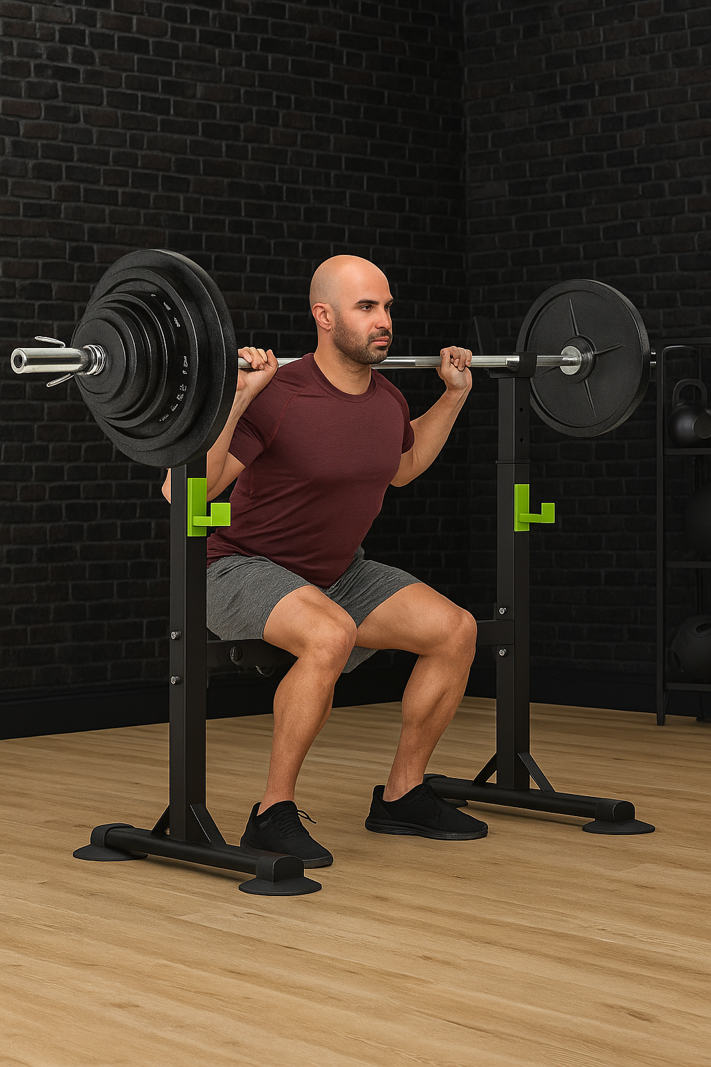 Squat rack stand with anti-slip feet on wooden floor