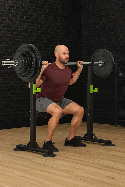 Squat rack stand with anti-slip feet on wooden floor