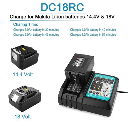 Makita battery charger DC18RC connected to 18V Lithium Ion battery