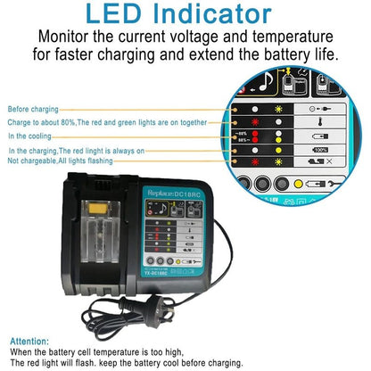 Makita battery charger DC18RC showing built-in circuit protection label