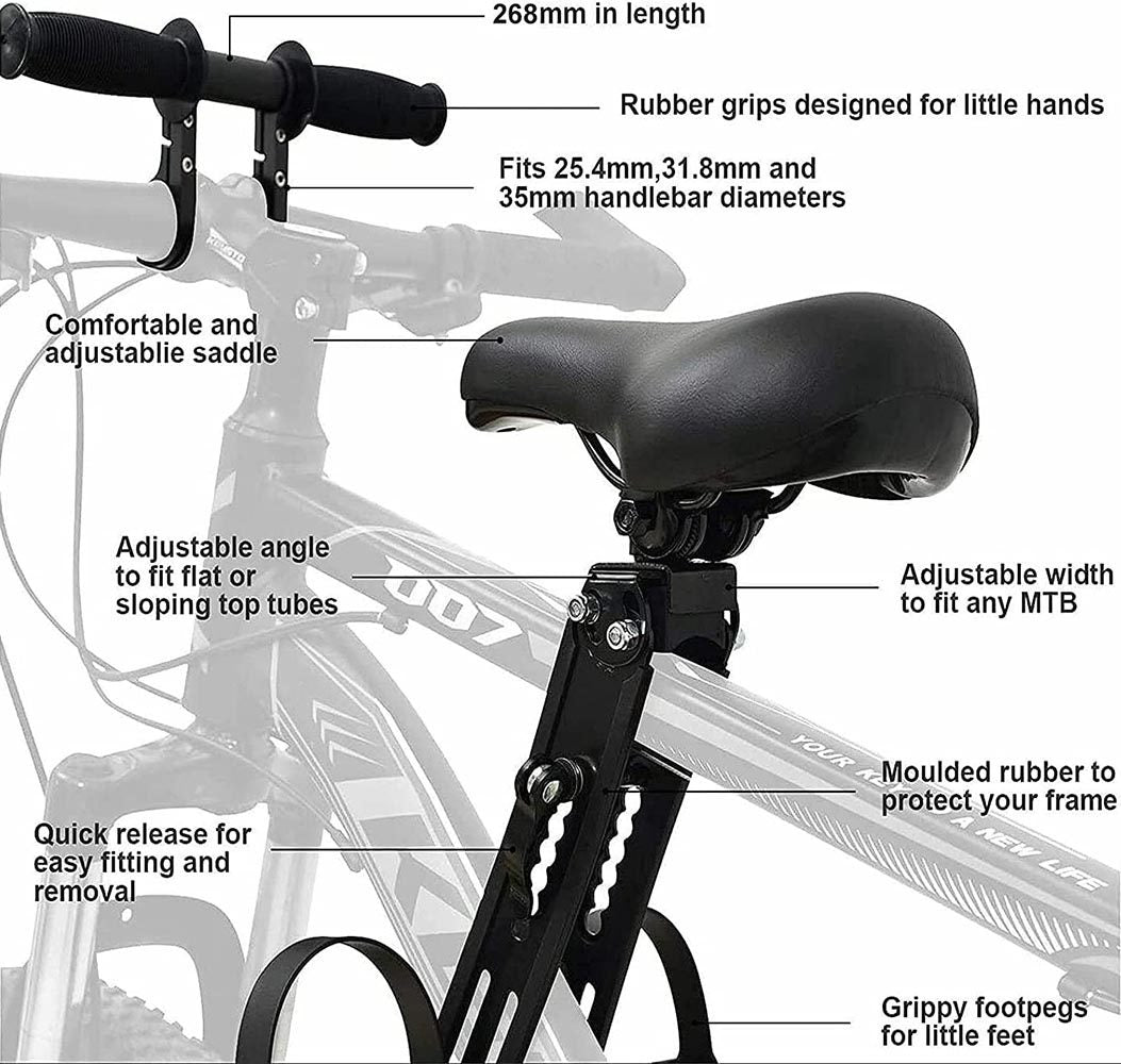 Foot pedals on bike seat and handlebar pack for child comfort