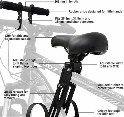Foot pedals on bike seat and handlebar pack for child comfort