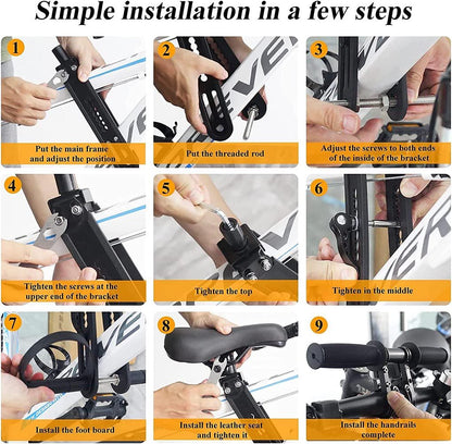 Bike seat mounted on adult mountain bike showing secure fit