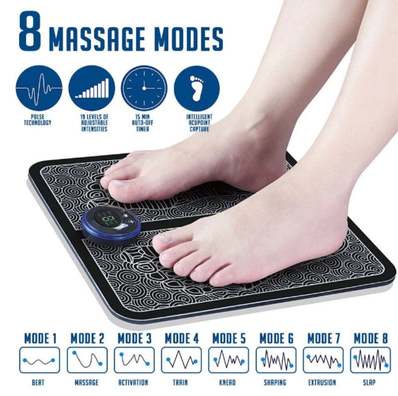 Electric foot massager TENS machine demonstrating 8 massage modes