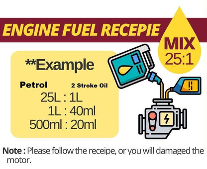 Leaf blower petrol with matching oiler pot beside it