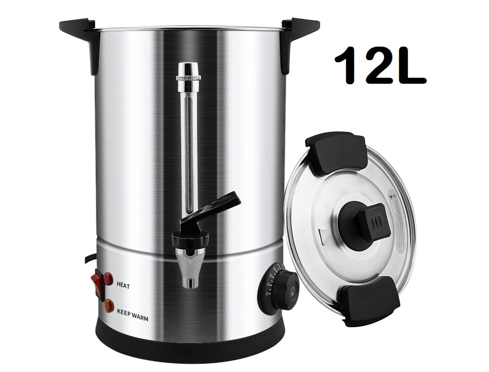 Electric hot water urn 12L with external water gauge visible