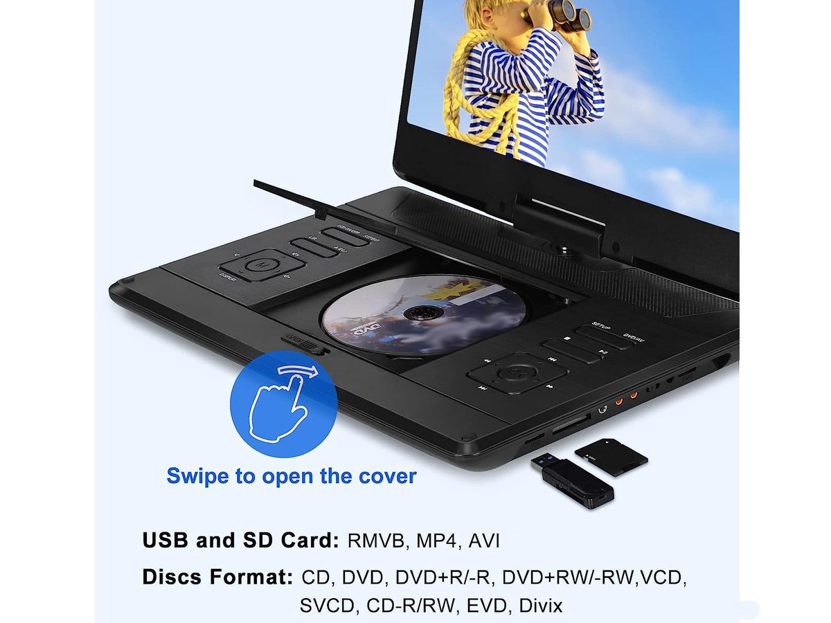 Portable DVD player 14inch showing screen flipped for viewing