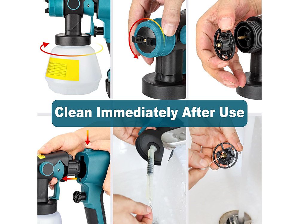 Electric paint sprayer used on wooden fence in garden