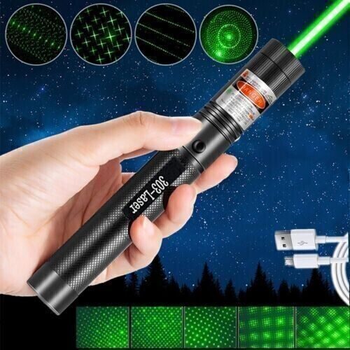 Side view of green laser pointer pen with metal body