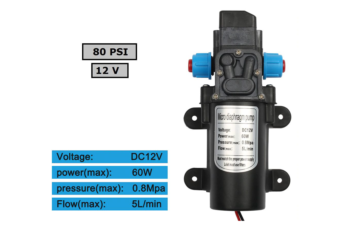 Close up of water pump 12V diaphragm pump inlet and outlet ports