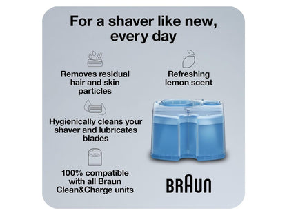 Braun Clean and Charge refill pack box with four cartridges inside