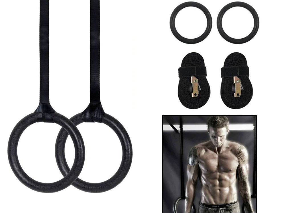 Adjustable gymnastic rings set up for dips and body rows