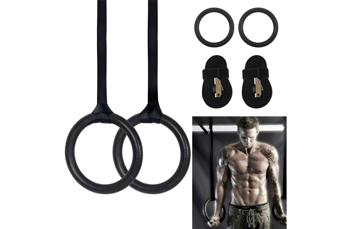 Close-up of black ABS plastic Olympic gymnastic ring surface