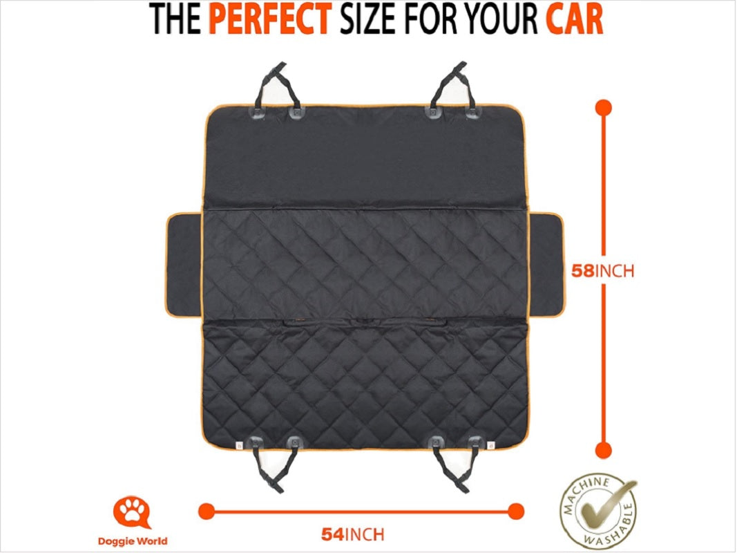 Pet car seat cover hammock installed in a car backseat with seatbelt openings