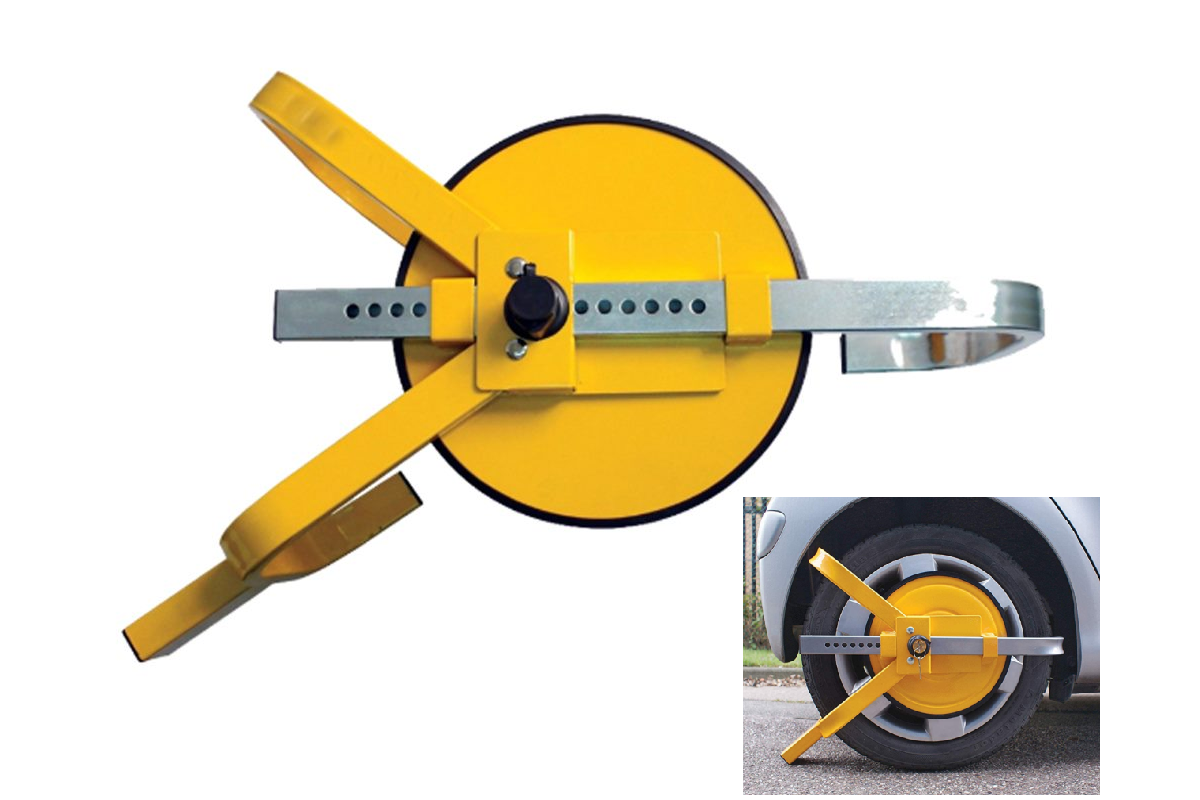 Close up of wheel clamp lock with soft grip handles