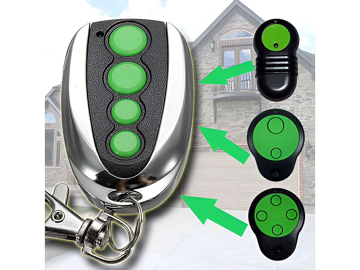 Side angle of Merlin compatible garage remote with metal key chain