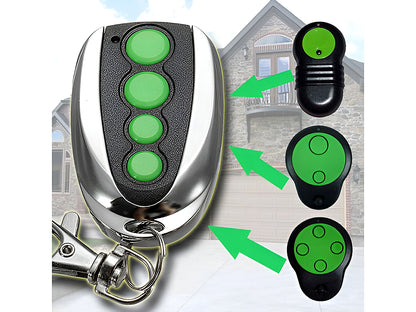 Side angle of Merlin compatible garage remote with metal key chain