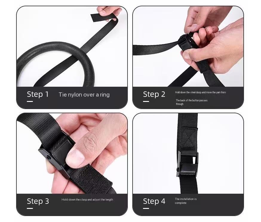 Adjustable gymnastic rings set up for dips and body rows