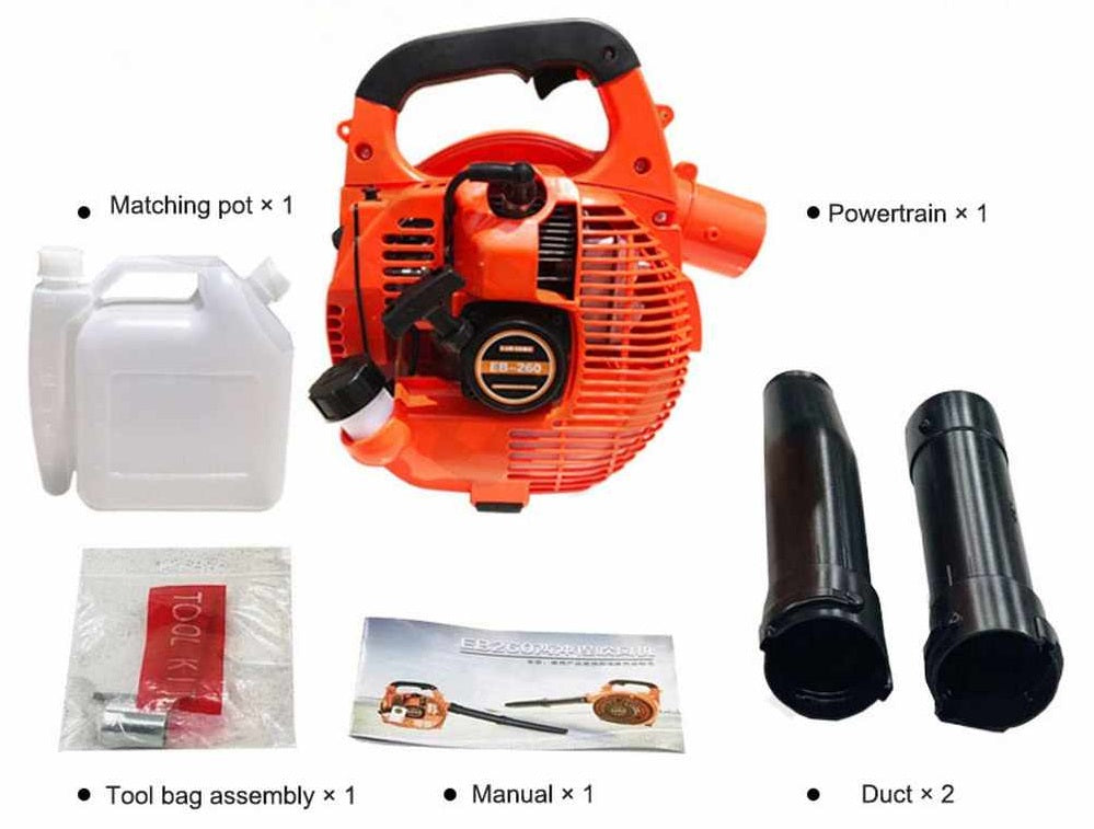 Leaf blower displayed with included matching accessories