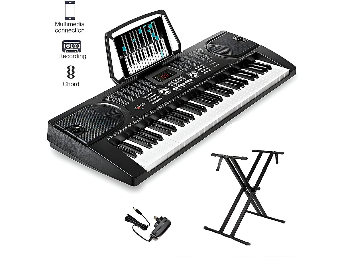 Side angle of electronic keyboard piano showing LED display