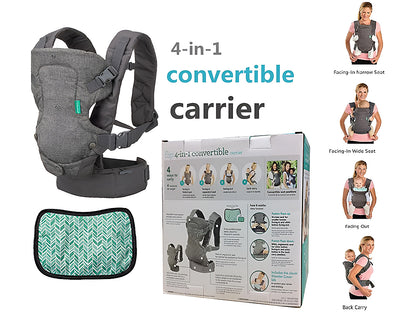 Close-up of light grey baby carrier seat with adjustable leg openings