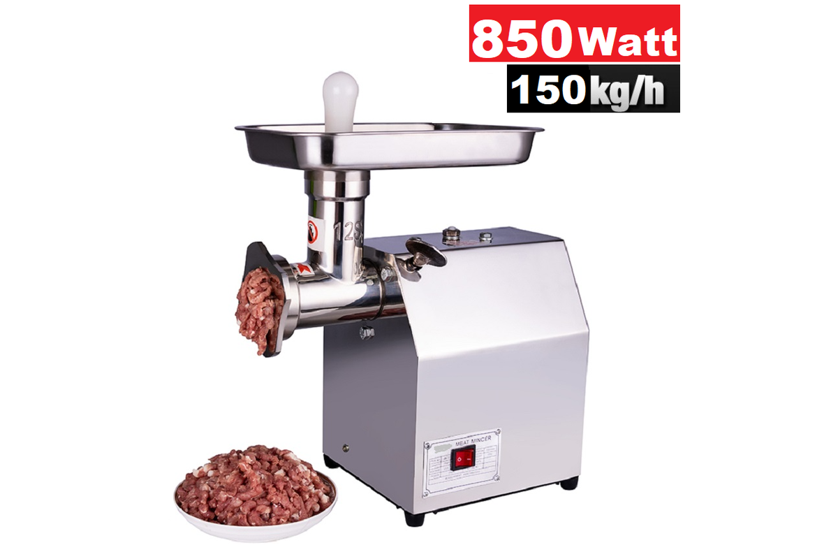 Side angle of meat mincer with large removable feeding tray