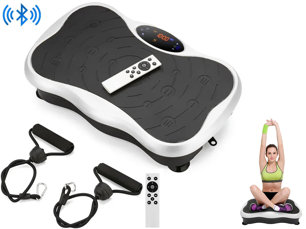 Vibration plate with resistance bands attached for strength training